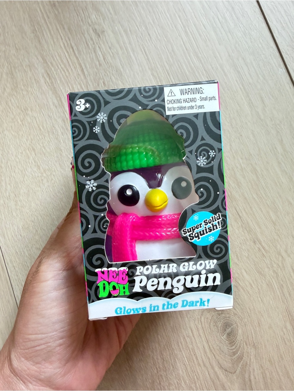 Brand New NeeDoh Polar Glow Penguin Plush Toy - Pink Scarf, Green Hat